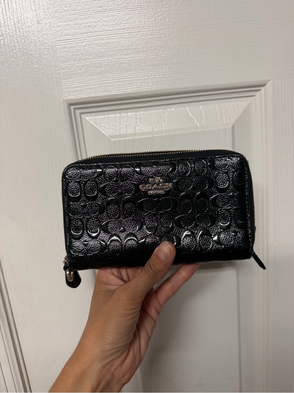 Coach Black Embossed Signature Zip Wallet with Gold Logo